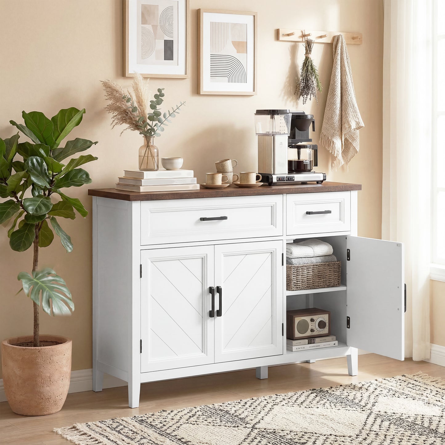 Sideboard Buffet Cabinet, 44" Farmhouse Kitchen Cabinet with 3 Chevron Doors, 2 Drawers and 2 Adjustable Shelves, White