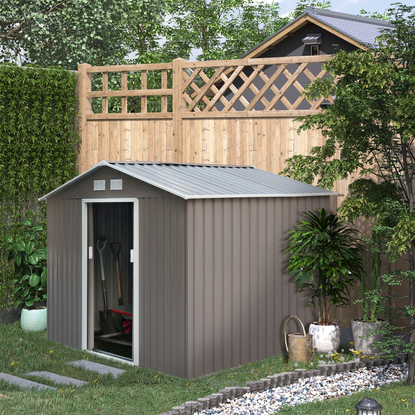 9'x6.3'Garden Storage Outdoor Shed w/ Floor Foundation Outdoor Yard Metal Tool Storage House Grey White