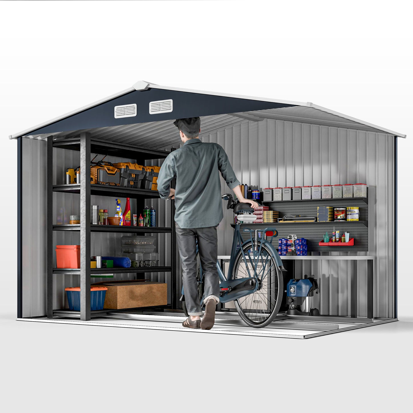 9.1'x6.4'x6.3' Garden Storage Shed w/ Foundation Kit Metal Tool Storage House w/ Double Doors Dark Grey