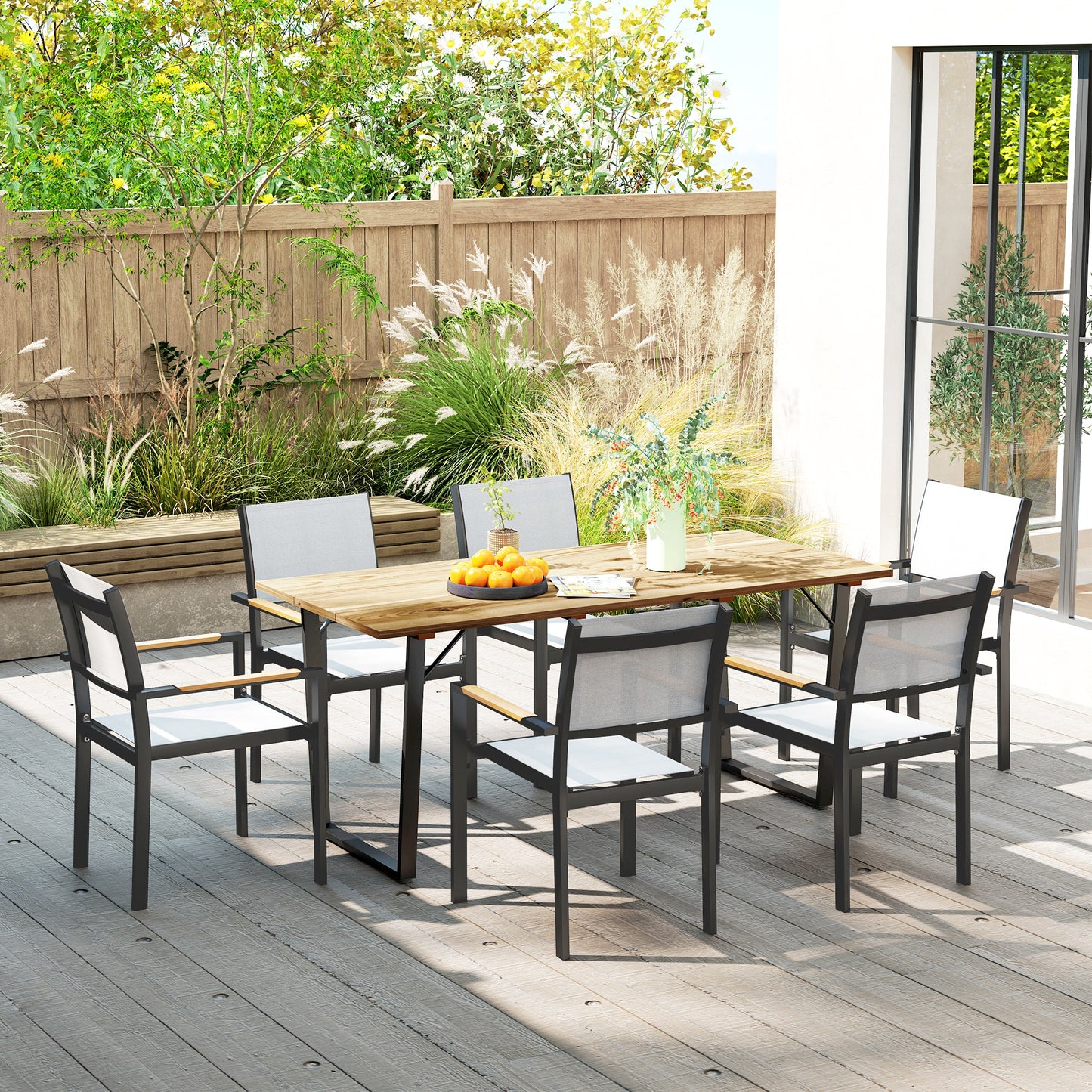 Wooden Outdoor Dining Table for 6 with 2" Umbrella Hole, Slatted Tabletop, Metal Frame, for Yard, Deck, Lawn