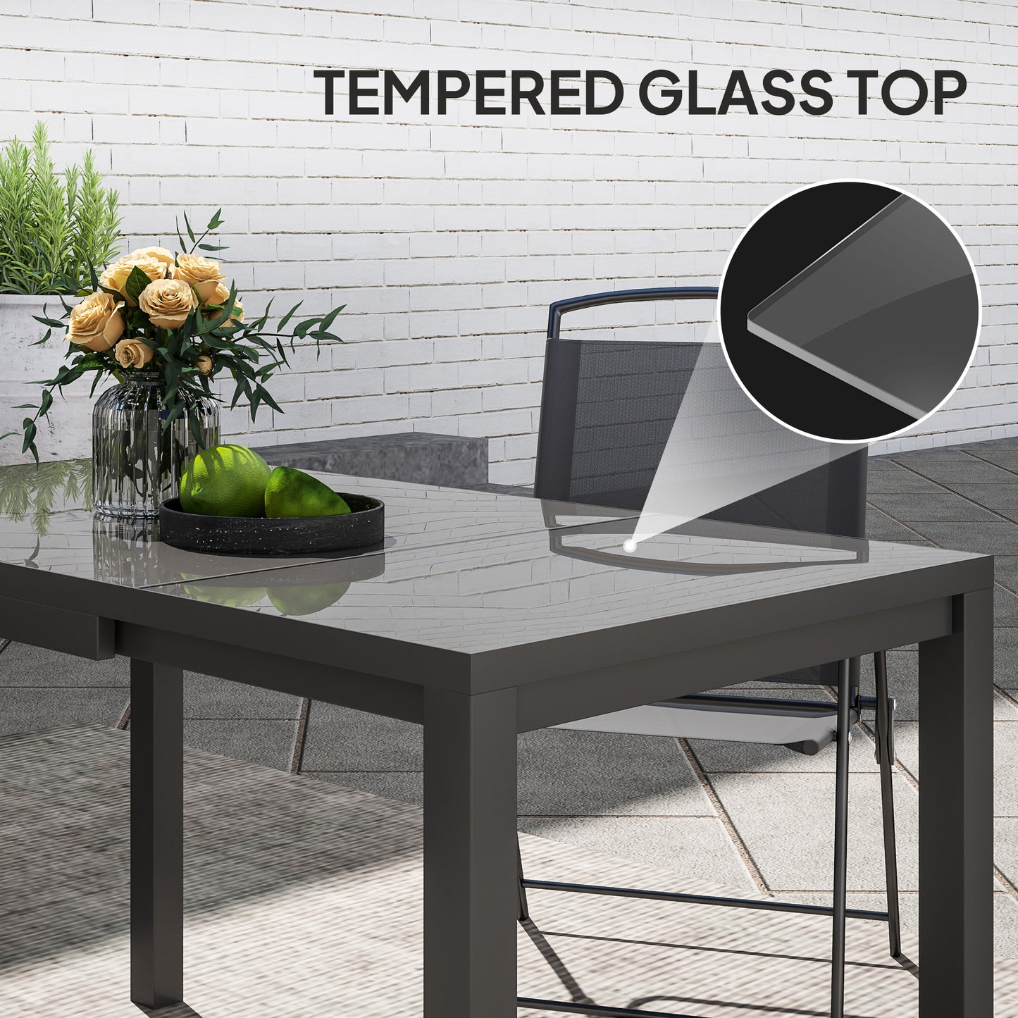 Extendable Patio Dining Table, 33.5"-49.2" Adjustable Outdoor Dining Table for 4-6 Person, with Tempered Glass Top, Metal Frame, for Lawn, Garden, Dark Grey