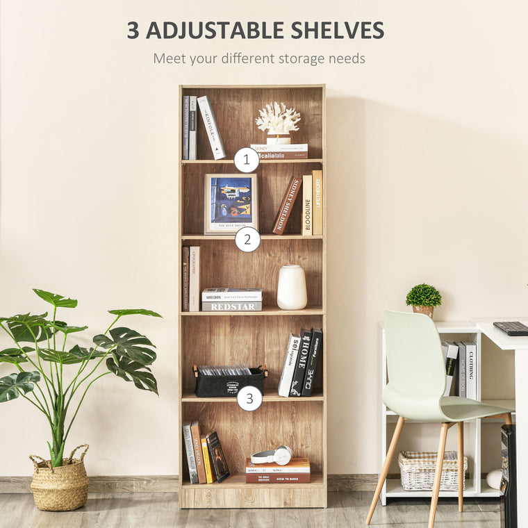 5-Tier Bookcase with Adjustable Shelves - Natural Wood