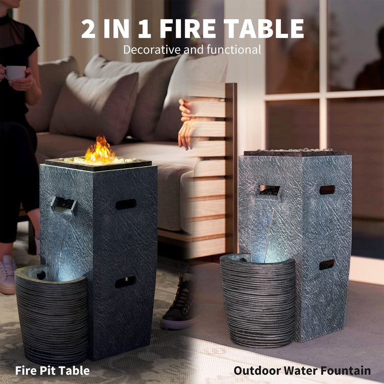 Grey Propane Fire Pit Table with Fountain & LED Light