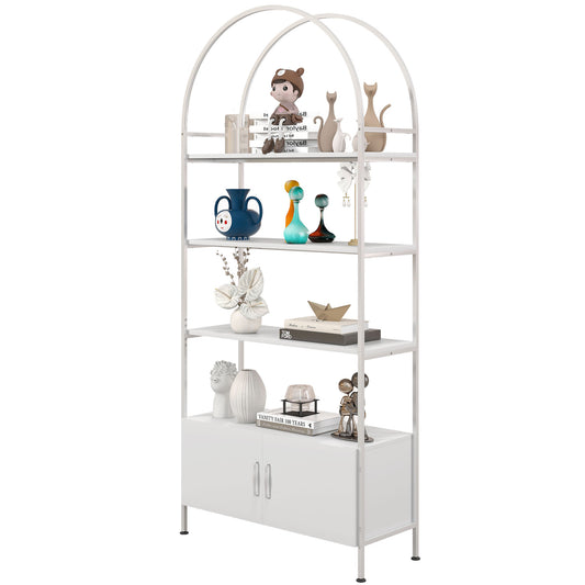 4-Tier Arched Bookshelf with Cabinet - White
