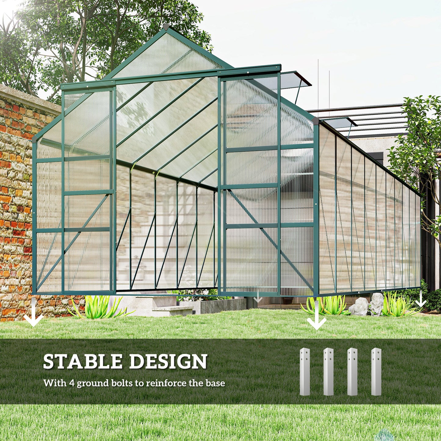 Aluminum Greenhouse Polycarbonate Walk-in Garden Greenhouse Kit with Rain Gutter and Sliding Door, 20' x 8', Green