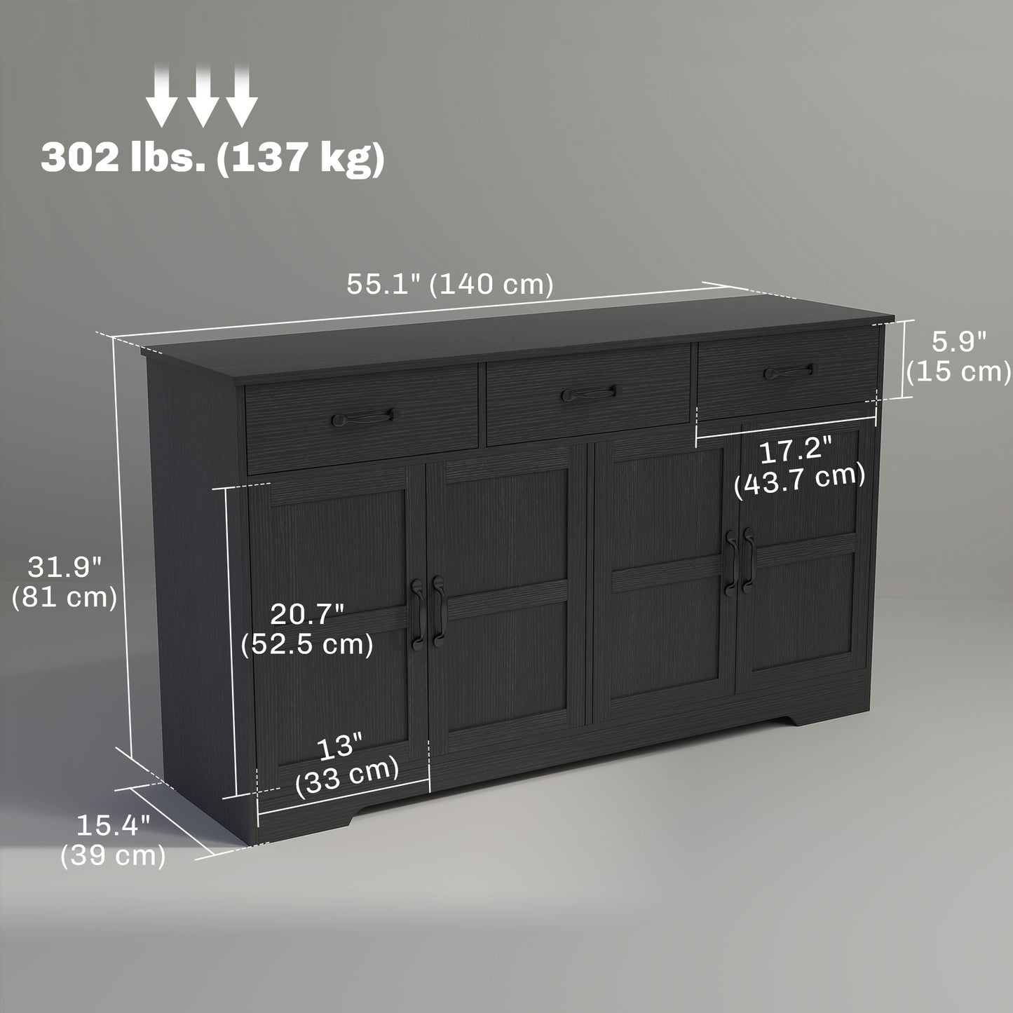 Sideboard Buffet Cabinet with Storage, Modern Coffee Bar Cabinet with 3 Drawers and Adjustable Shelves, Distressed Black