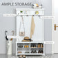 64.5" H Hall Tree with Storage Drawer & Top Shelf, Coat Rack Wooden Entryway Storage Bench Hall Tree Hallway Clothes Bag Coat Rack 4 Hooks, White