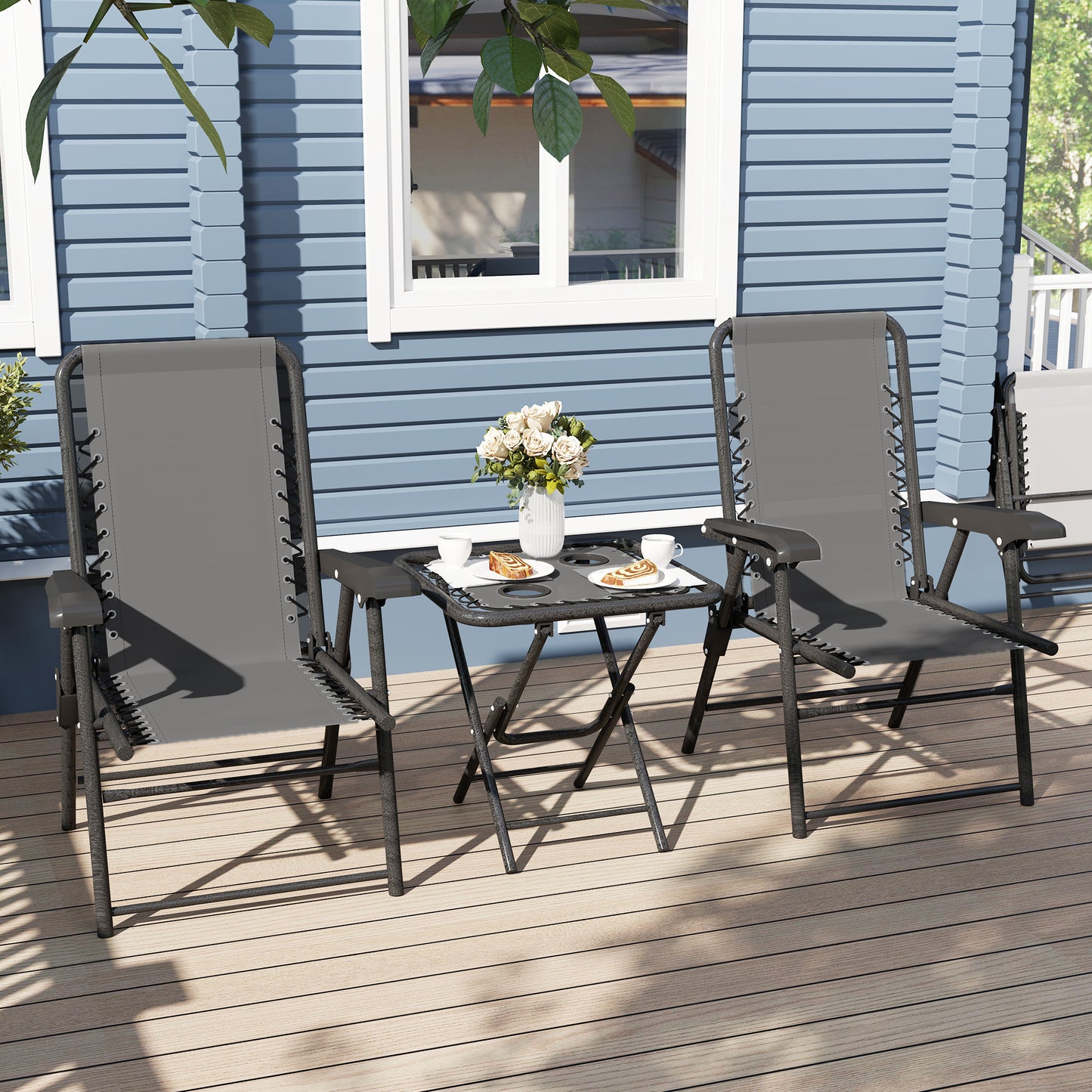 3 Pieces Patio Bistro Set, Outdoor Folding Table and Chairs Set, Metal Patio Furniture Set with Cup Holders