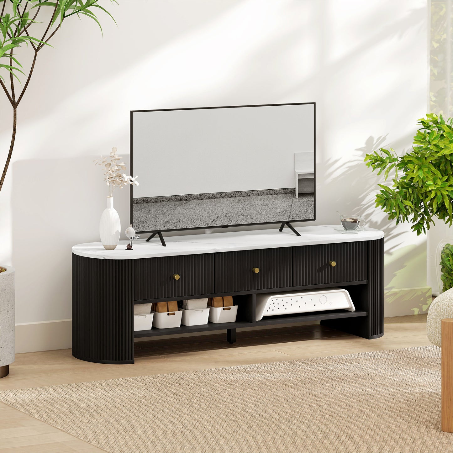 TV Stand, Modern TV Table with Marble-Effect Top, 3 Drawers and 2 Open Shelves for 32-65 Inch Television, Black