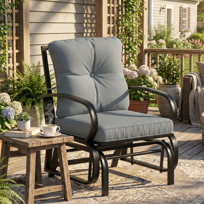 Patio Glider, Outdoor Glider Chair with Cushions, Steel Frame, Curved Armrests, Beige - Light Grey