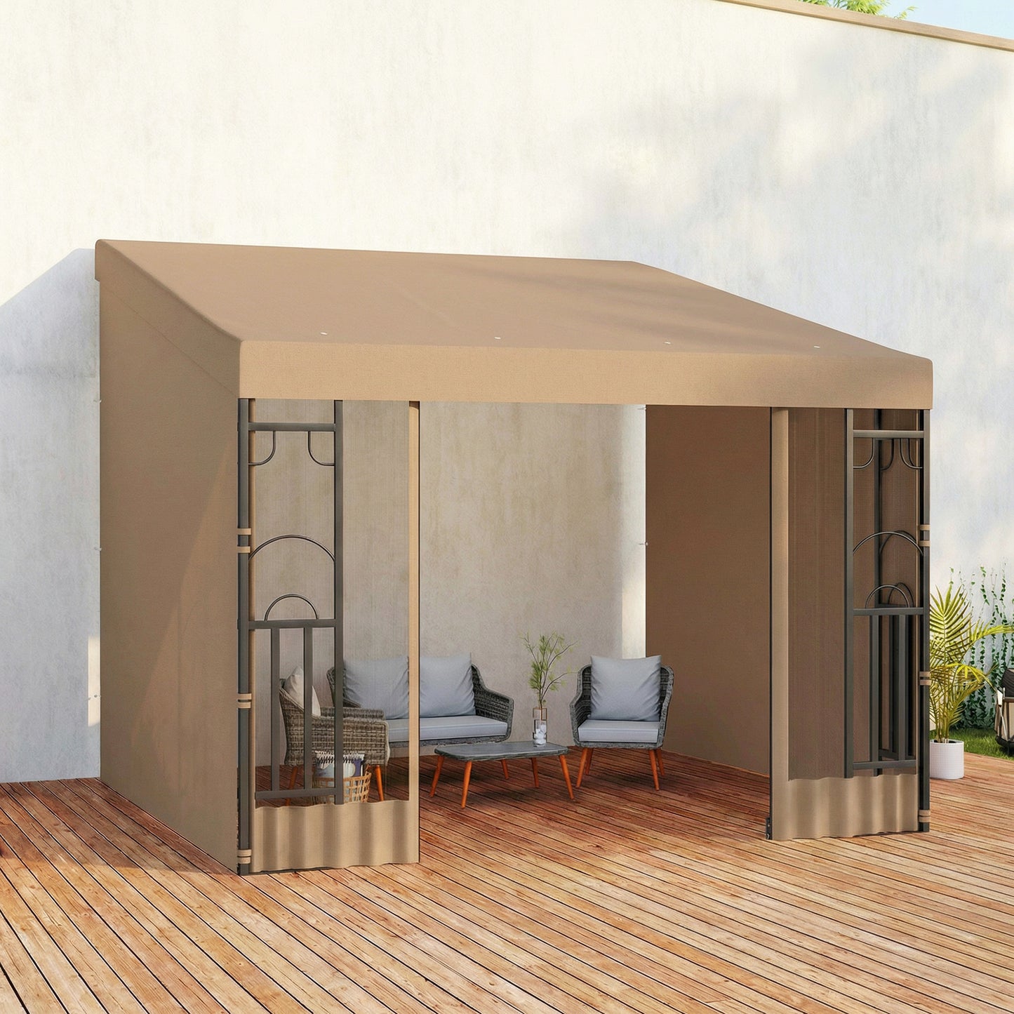10' x 10' Wall Pergola, Outdoor Gazebo with 2 Curtains and 2 Nettings, UV Resistant, for Patio, Deck, Khaki