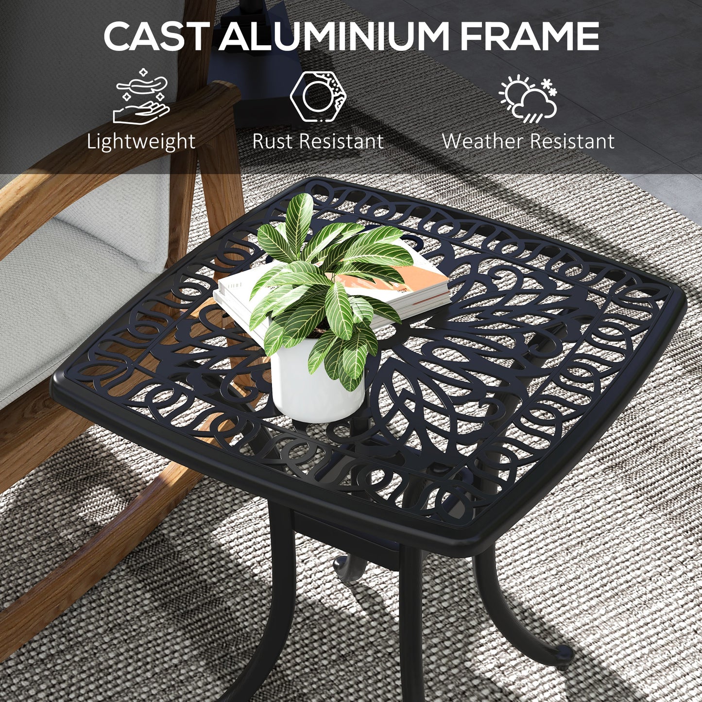 21" Square Outdoor End Table, Cast Aluminum Patio Side Table with Umbrella Hole for Garden, Balcony, Poolside, Black