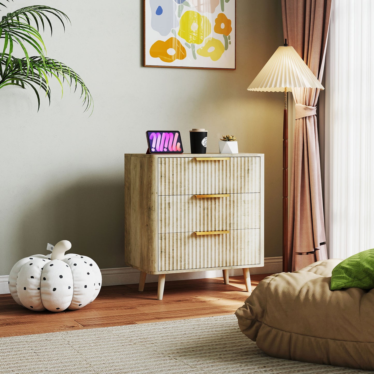 Fluted Chest of Drawers, Modern 3 Drawer Dresser with Pine Wood Legs, Finger Pulls for Closet, Living Room, Hallway, Oak