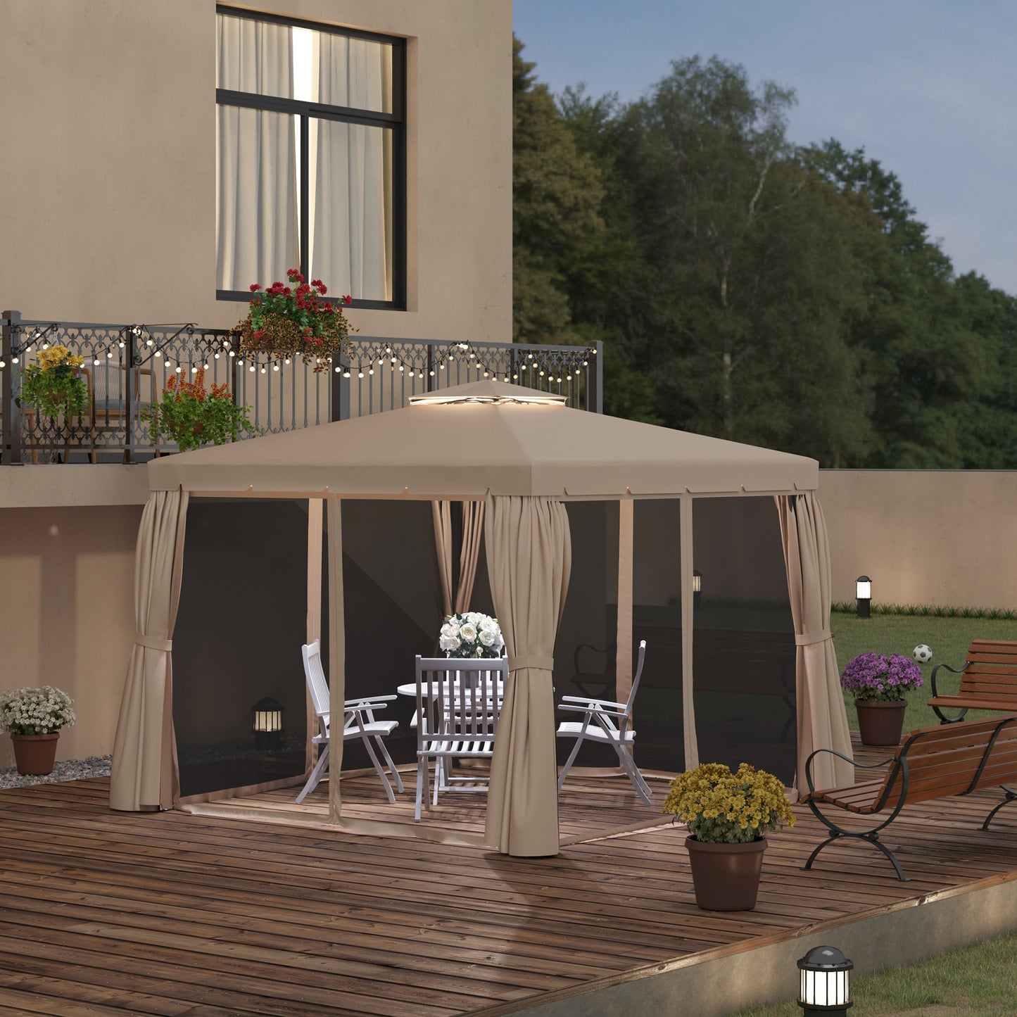 10' x 10' Deck Gazebo with Curtains & Mesh Screen Drapes, Double Roof Canopy Polyester Shade for Backyard Garden, Khaki