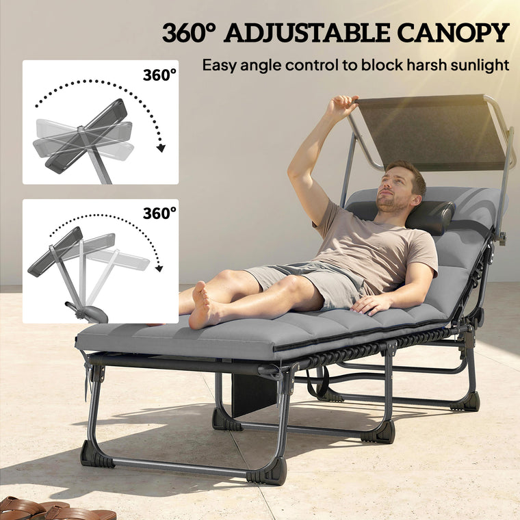 Folding Chaise Lounge Chairs with Canopy, Set of 2