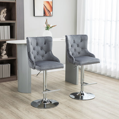 Swivel Velvet Bar Stools Set of 2 with Nailhead Trim - Grey