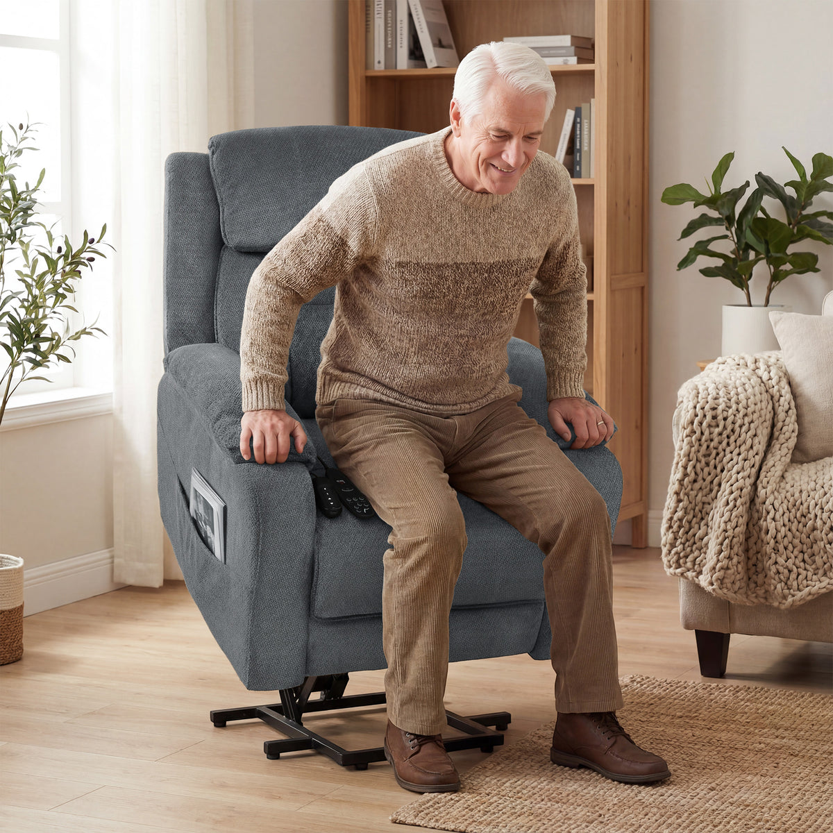 Forward Furniture Power Lift Recliner Chair with Massage, Electric Lift Chair with Side Pockets, 2 Memory Positions and Remote, Grey