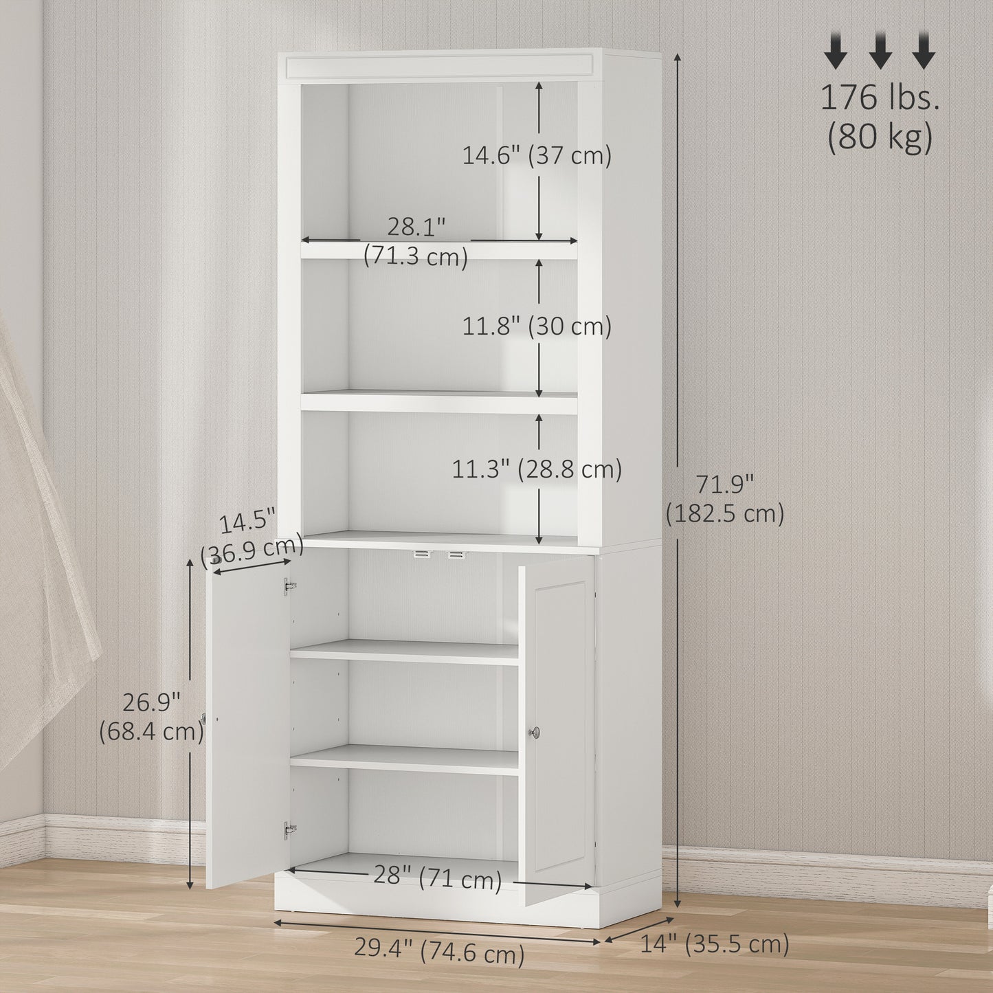 72" Kitchen Buffet with Hutch, Freestanding Cupboard, Pantry with 6-Tier Shelving, 2 Doors Cabinet with Adjustable Shelves, White, Wood Grain