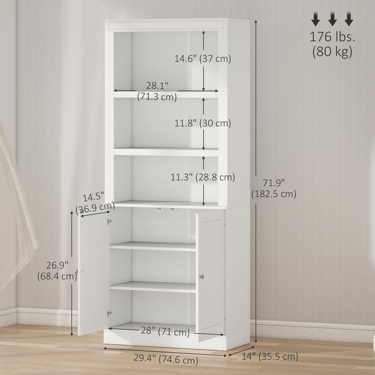 72" Kitchen Buffet with Hutch and 6-Tier Shelving - White