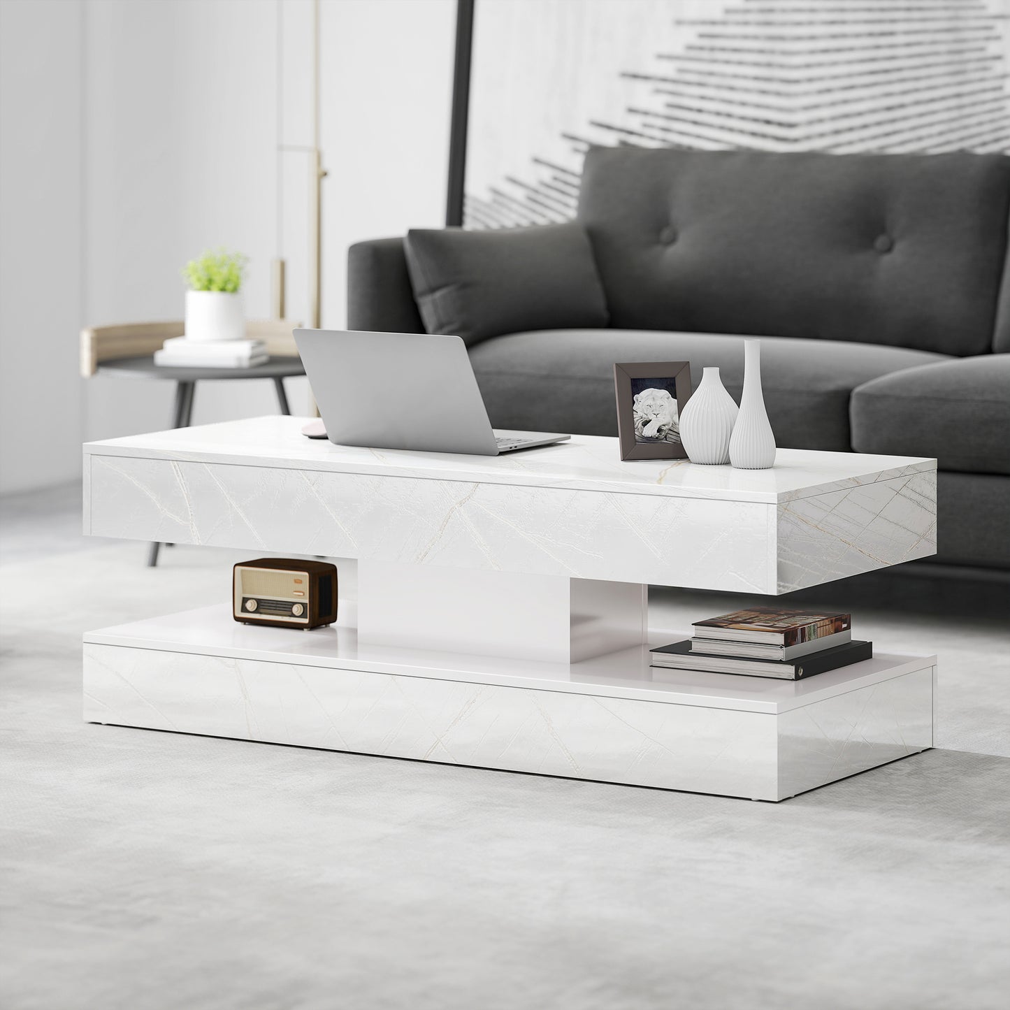 Coffee Table with Adjustable LED Lights, Center Table with 2 Drawers, Open Shelf, Remote, High Gloss Marble-Effect White