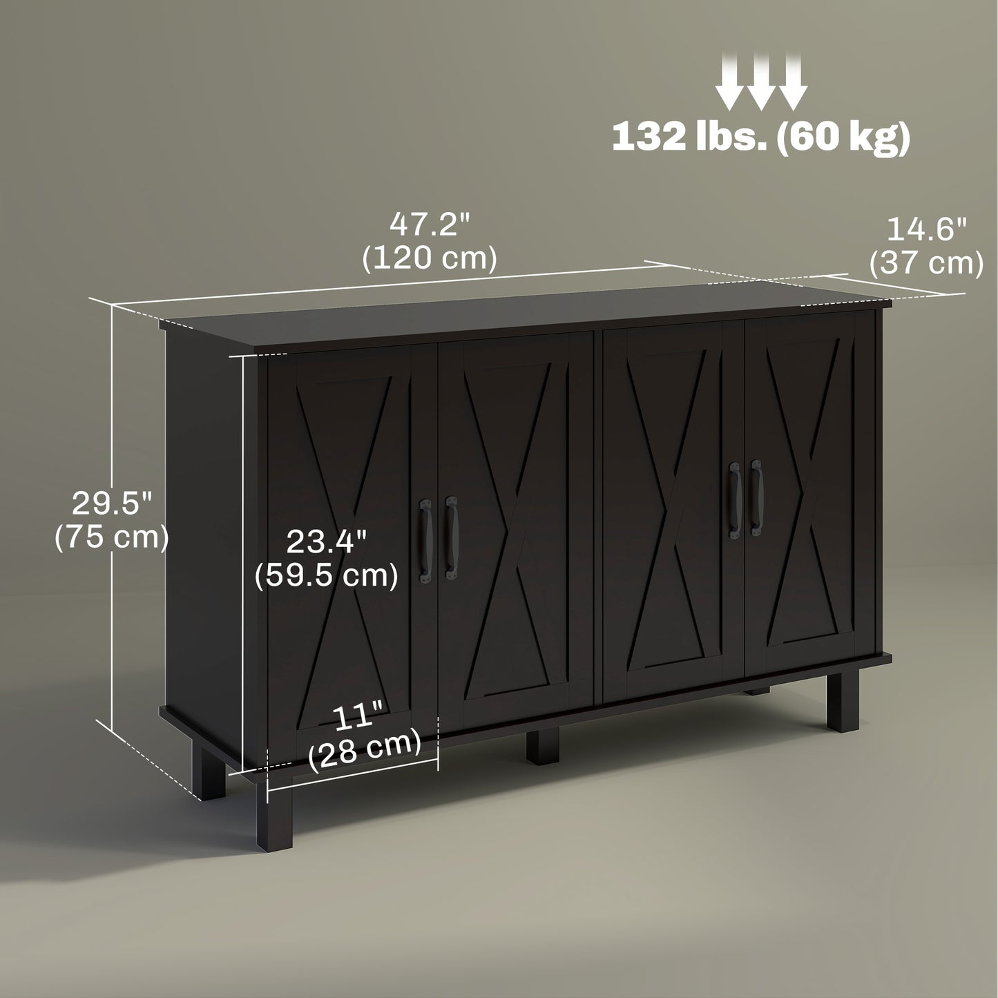 Kitchen Sideboard Cabinet with 4 Barn Doors and 2 Adjustable Shelves, Buffet Table for Living Room, Hallway, Black