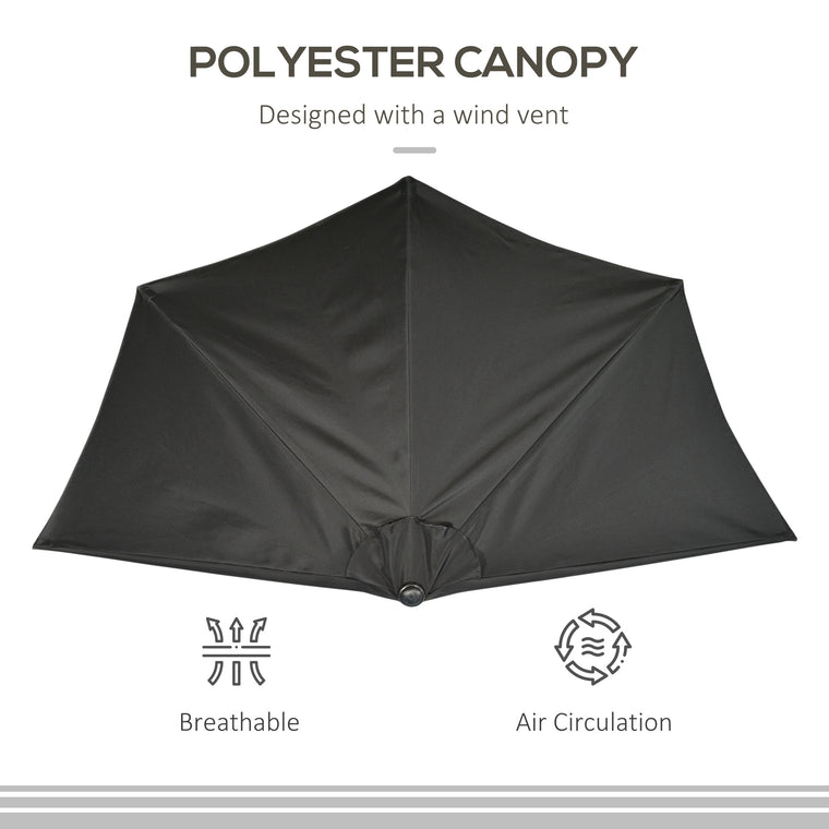 9.8ft Black Half Round Parasol with Crank Handle & Top Vent