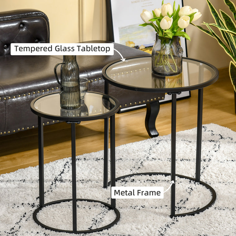 Set of 2 Round Nesting Coffee Tables with Glass Top