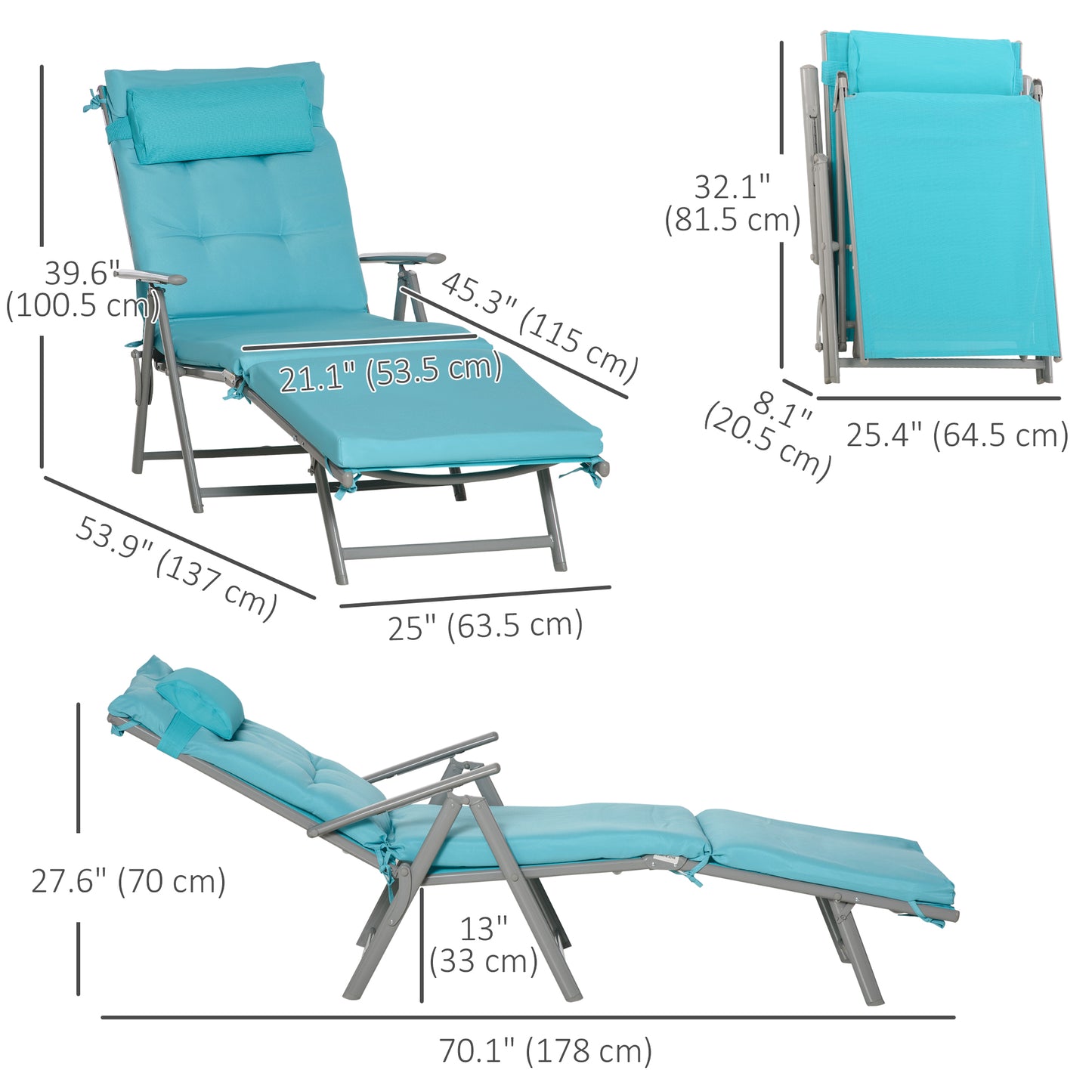 Outdoor Folding Chaise Lounge Chair Recliner with Portable Design, Adjustable Backrest, Cushion and Headrest, Black