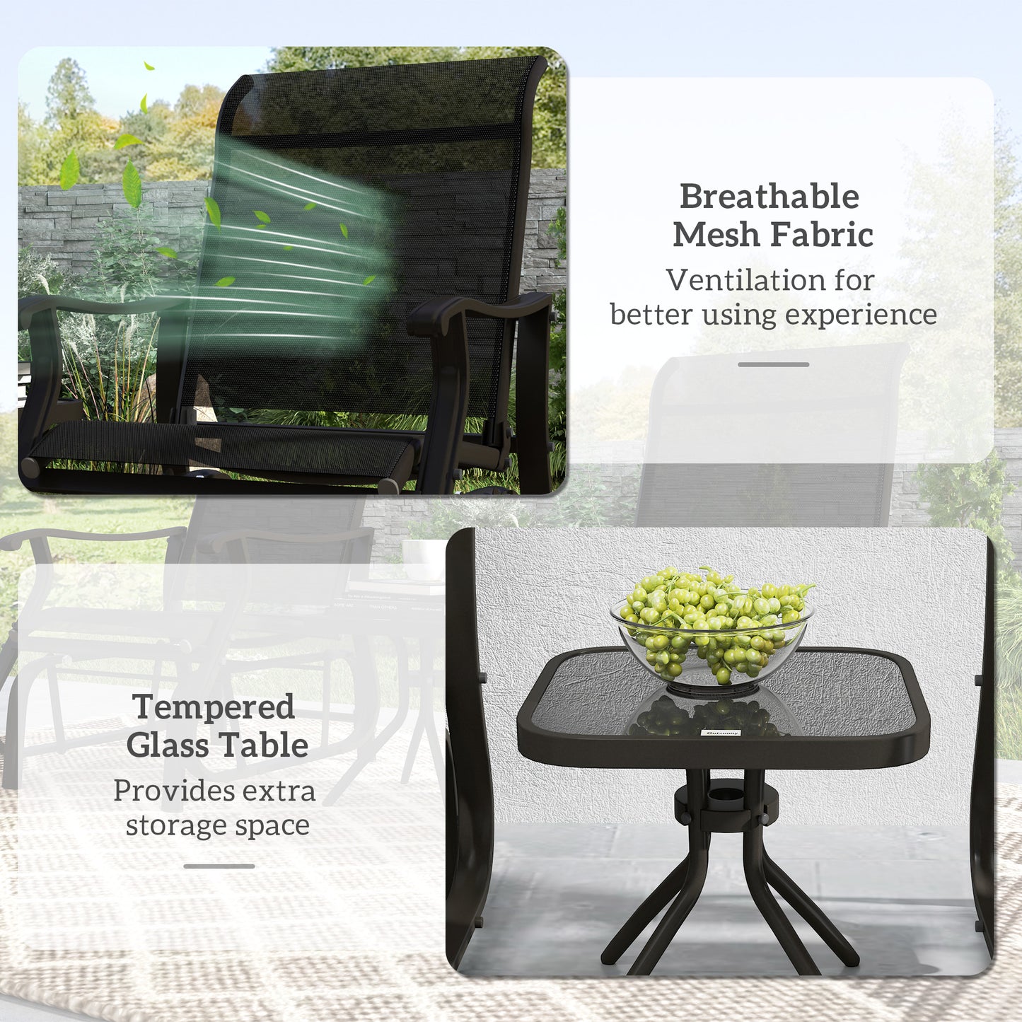 3PCs Gliding Rocking Chair & Bistro Tea Table Set, Grey