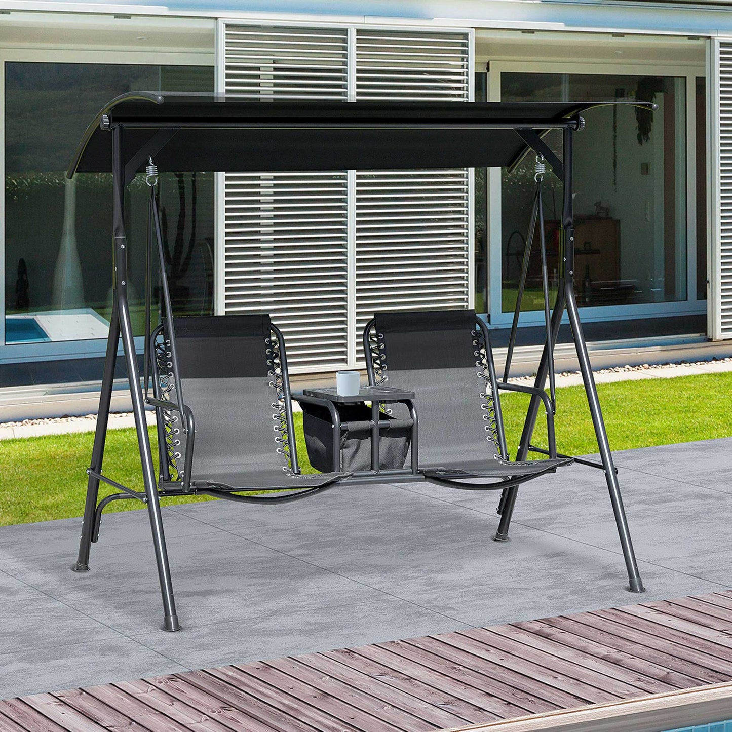 2 Person Covered Porch Swing Patio Swing with Pivot Storage Table, Cup Holder, & Adjustable Overhead Canopy, Black - Black