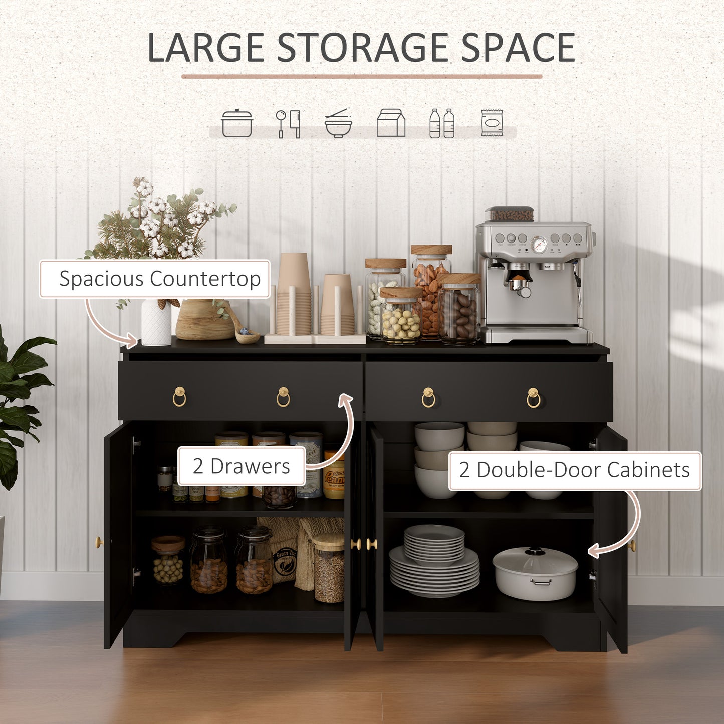 Sideboard Cabinet with 2 Drawers, 4 Barn Doors and 2 Adjustable Shelves, Buffet Table for Living Room, Black