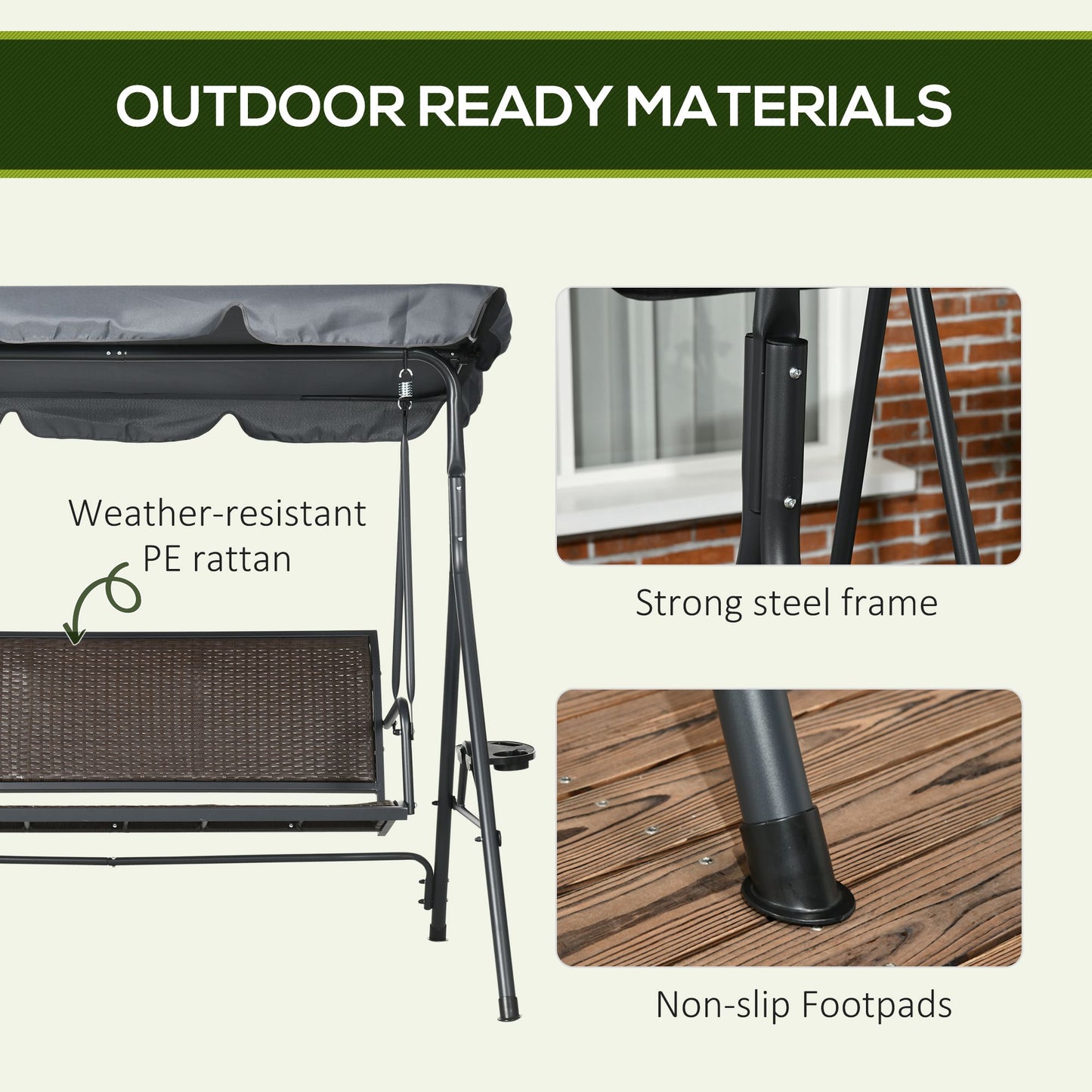 3-Seat Patio Swing Chair, Outdoor Canopy Swing Glider with Adjustable Shade, Grey
