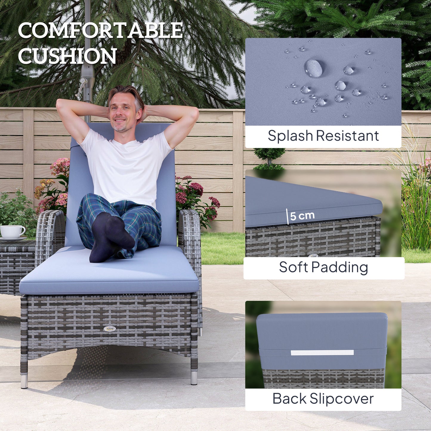 3 Pieces Wicker Patio Lounger Set with Table, PE Rattan Outdoor Lounge Chair Set with Cushions, Wheels, 5-Level Reclining Backrest, Headrest, Grey