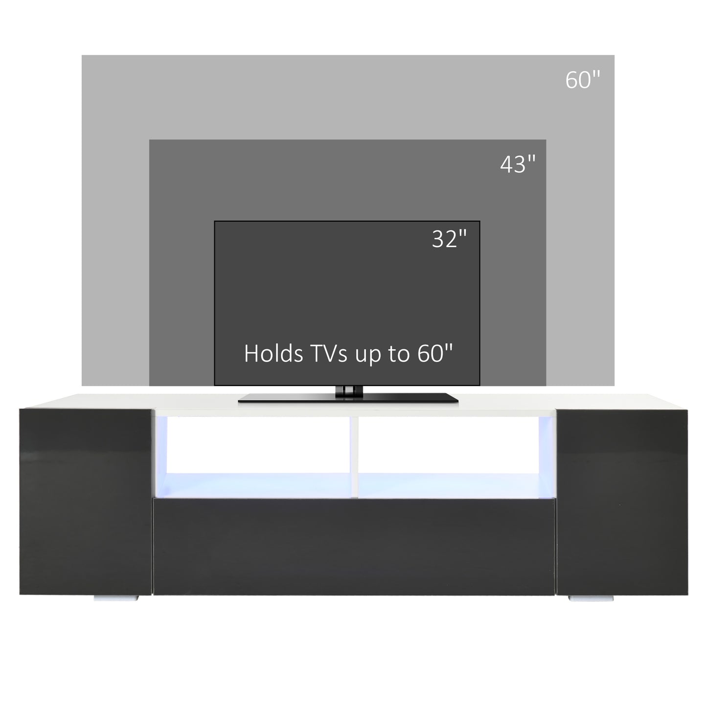 TV Stand for TVs up to 60", TV Unit with LED Lights, Storage Shelves and Cupboards, 53.9" x 13.8" x 16.5", Grey