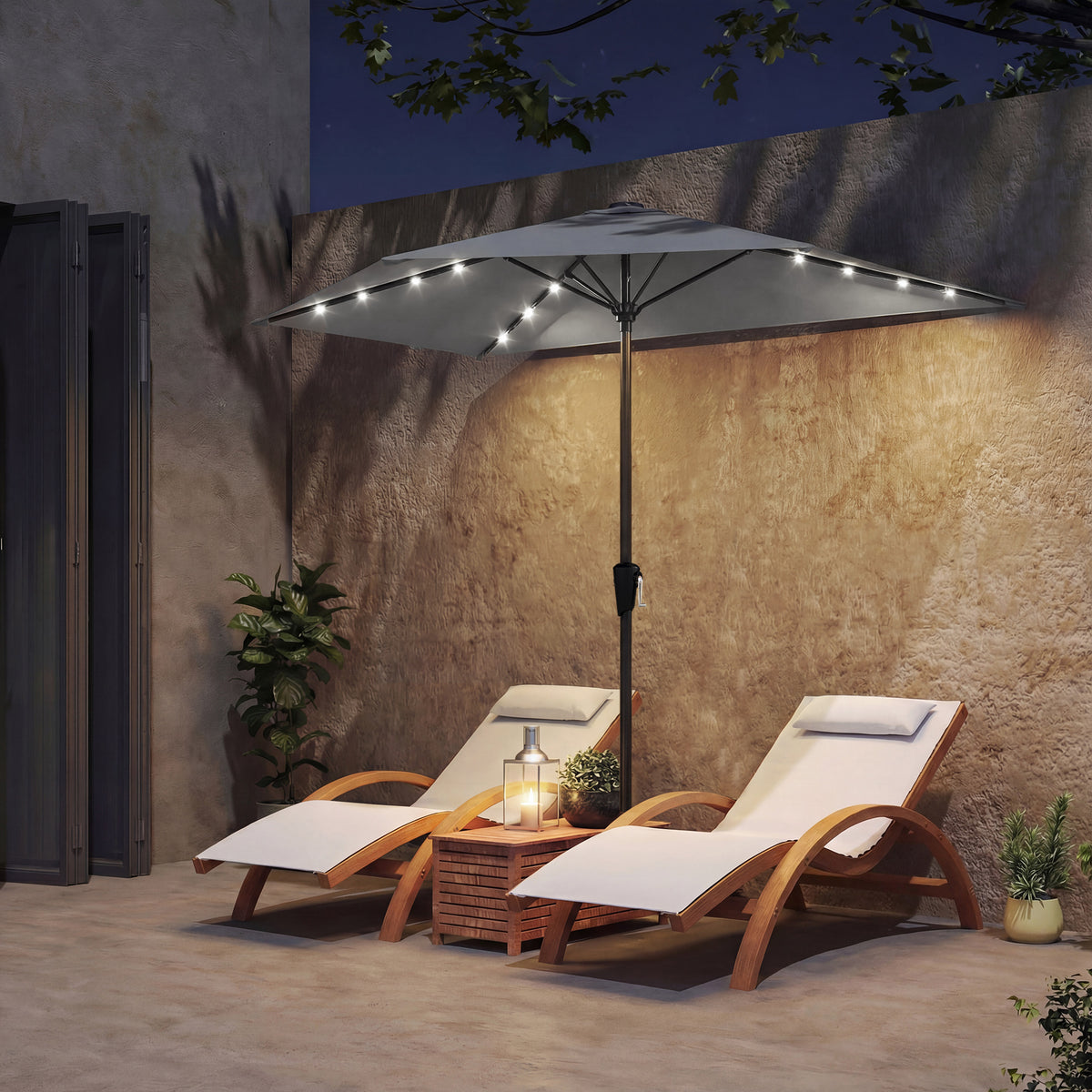 9ft Dark Grey Half Patio Umbrella with Solar LED Lights