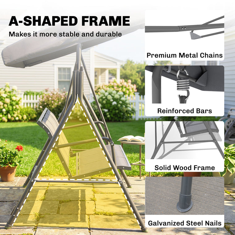 Grey A-Frame Porch Swing with Adjustable Canopy