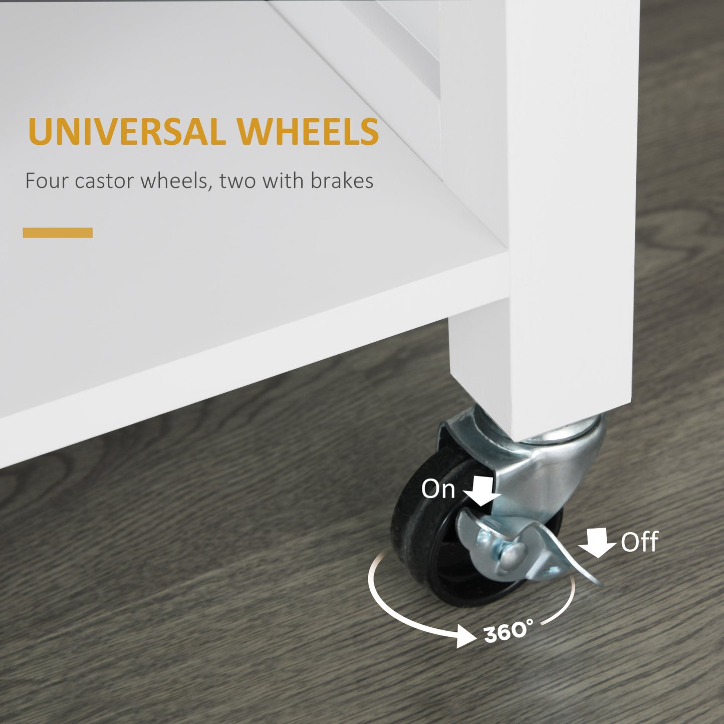 Wooden Rolling Kitchen Island on 360-Degree Swivel Wheels, Dining Cart with Drawer and Towel Rack, White