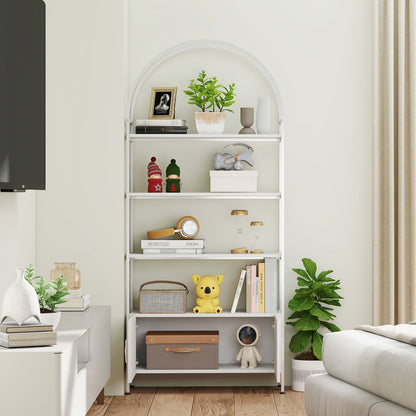 4-Tier Arched Bookshelf with Cabinet - White