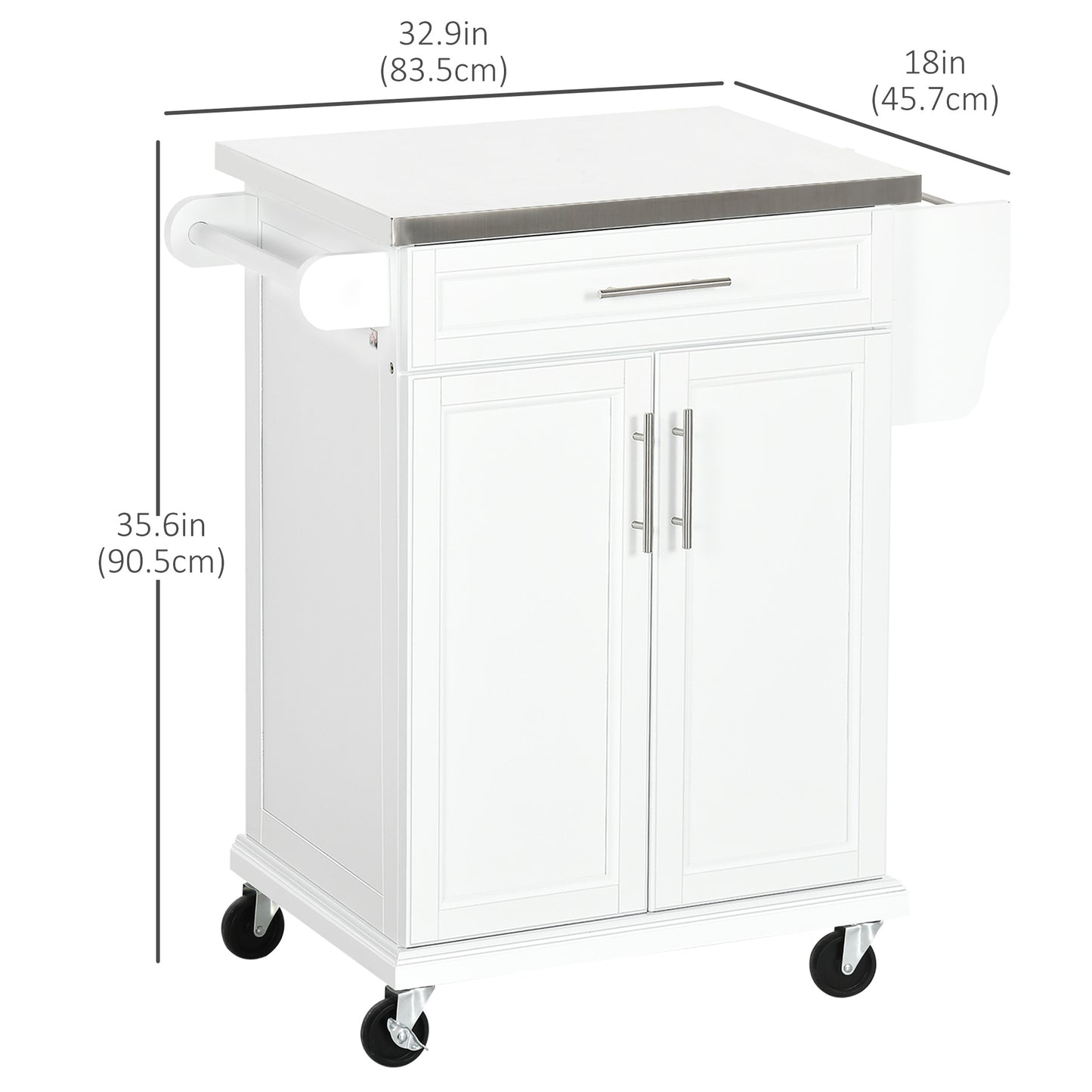 Kitchen Island with Stainless Steel Top, Rolling Kitchen Cart on Wheels with Storage Drawer, Cabinet, Towel Rack and Spice Rack (White)