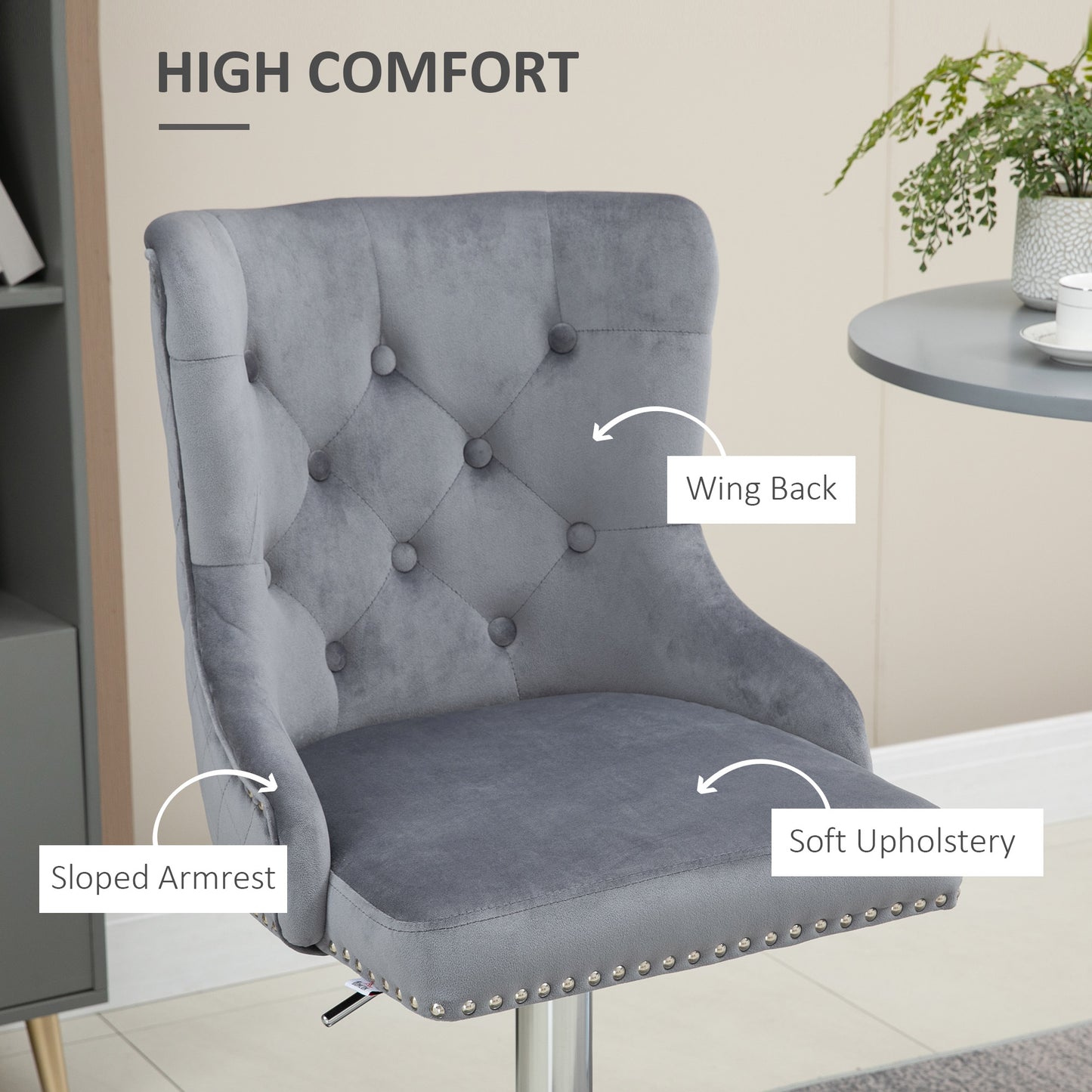 Modern Adjustable Bar Stools Set of 2, Swivel Velvet Barstools, Counter Height Bar Chairs with Button Tufted Back, Footrest, Nailhead Trim for Home Bar, Grey