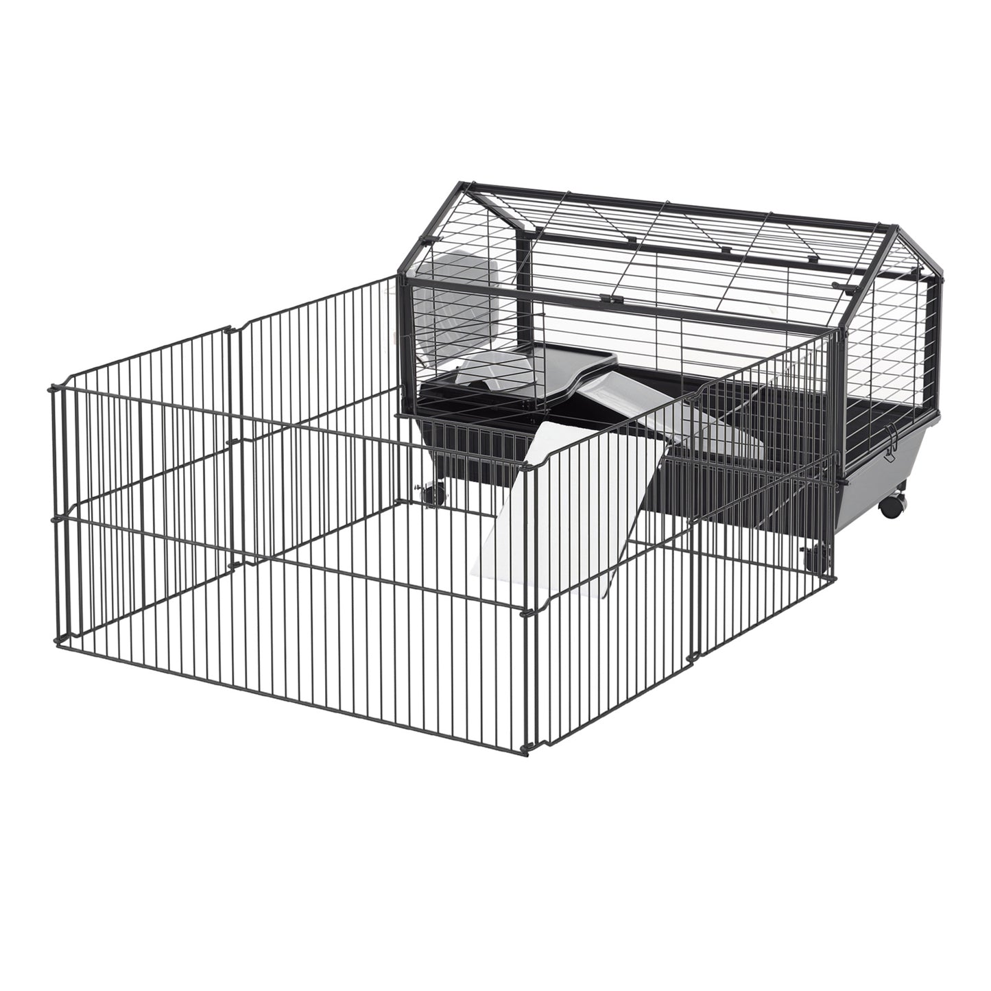 Guinea Pig Cage with Foldable Detachable Playpen, Rolling Rabbit Chinchilla Hedgehog Bunny Cage Small Animal Habitat with Water Bottle, Hay Feeder