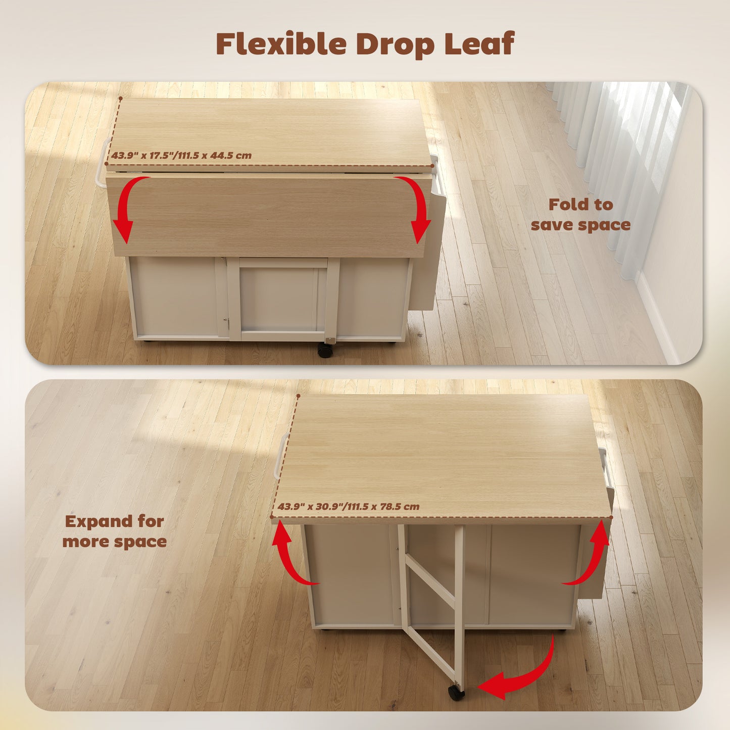 Kitchen Island Cart, Rolling Kitchen Island Table with Drop Leaf, Drawer, Spice and Towel Rack, White