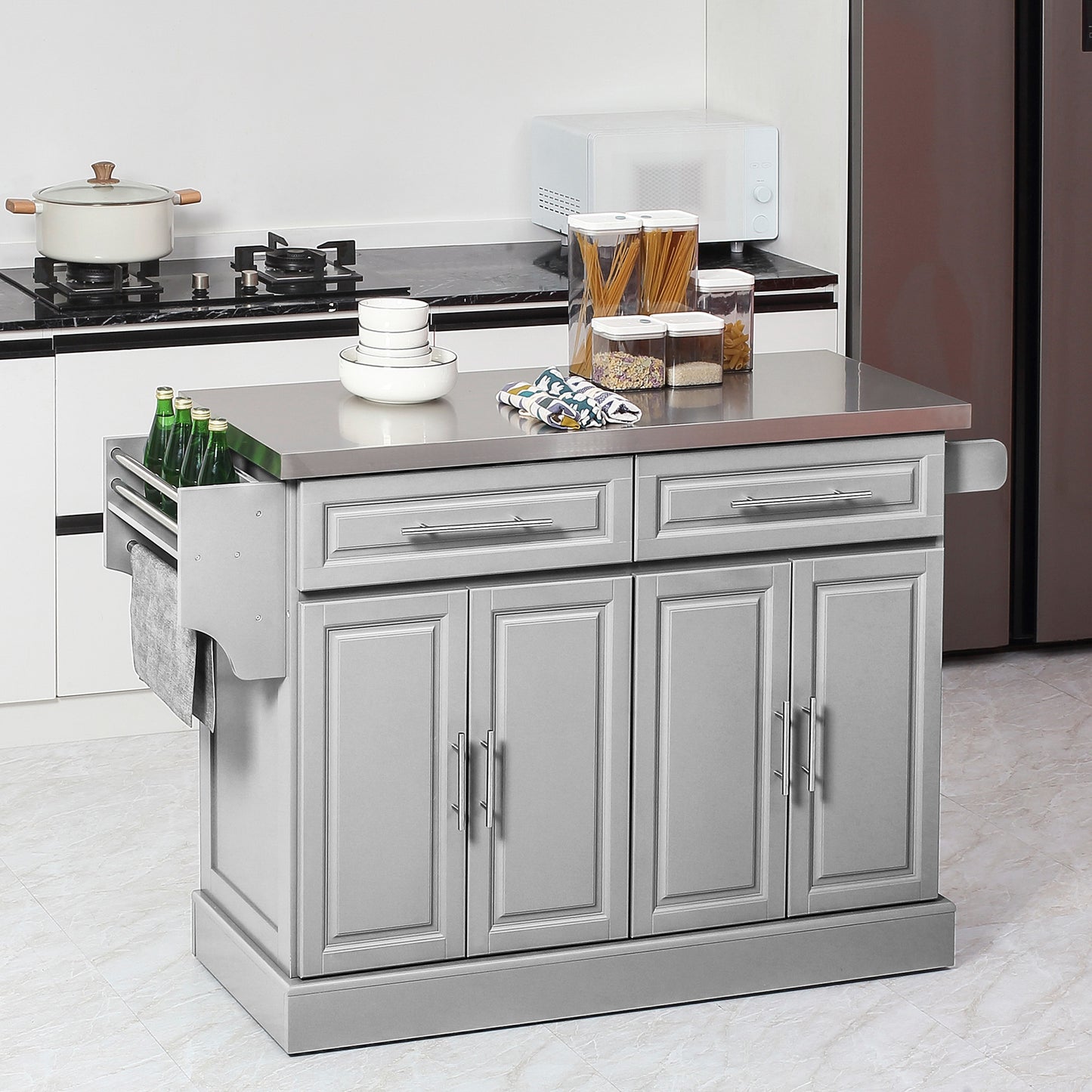 Stainless Steel Kitchen Island with Storage and Stainless Steel Top, Kitchen Trolley with Drawers, Cabinets, Towel Rack, Grey