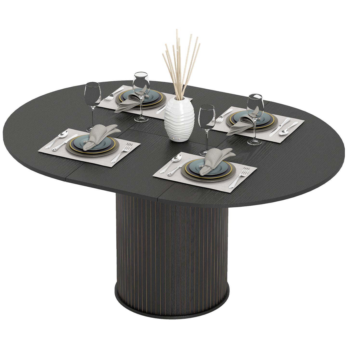 Extendable Kitchen Table for 6-8, 43.5"-59" Farmhouse Dining Table with Pedestal Base Black Wood Grain