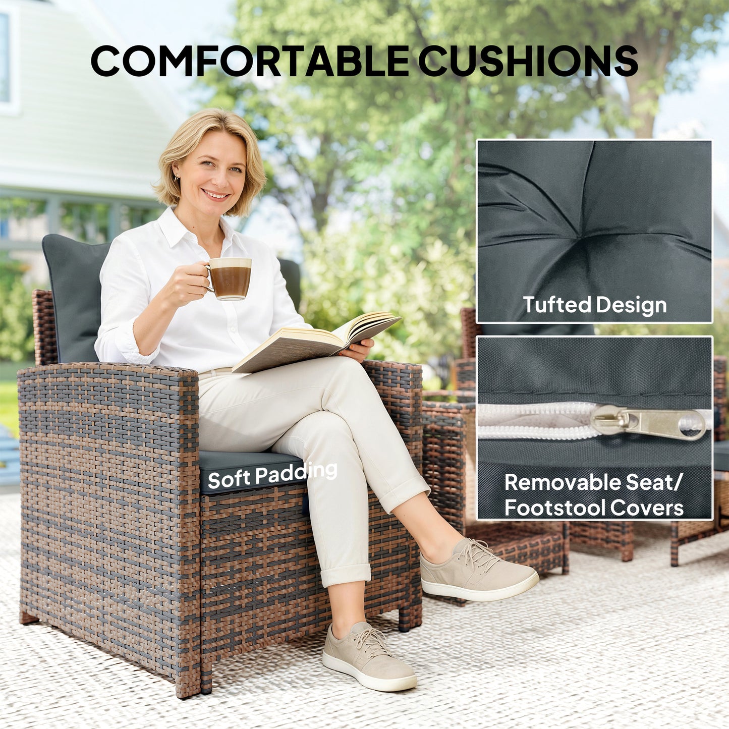 5 Piece Patio Furniture Set, Wicker Patio Chairs with Ottomans, 2-Tier Glass Coffee Table and Cushions, Brown/Dark Grey