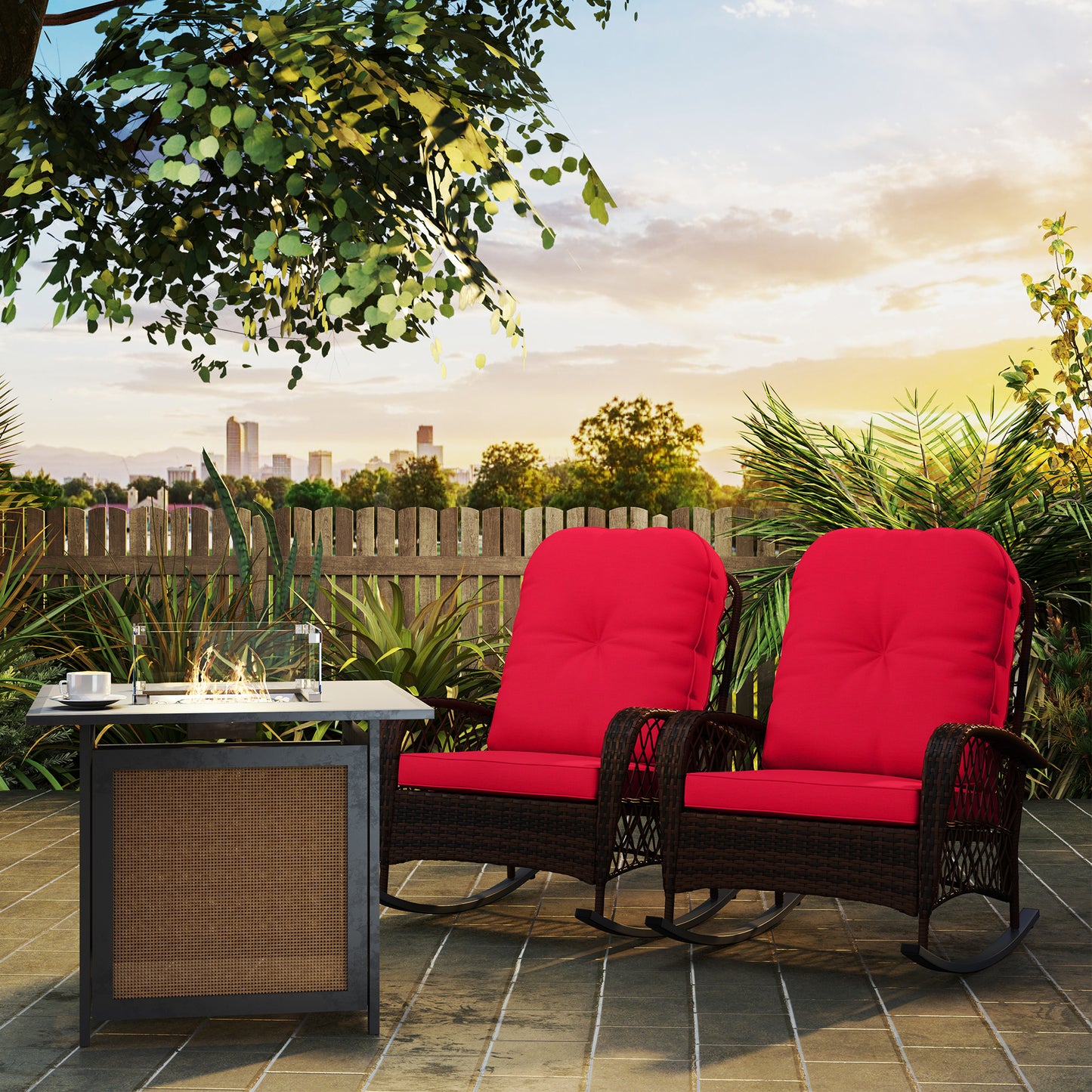 Outdoor Wicker Rattan Rocking Chair Set of 2, Patio Rocker with Thick Cushions for Garden Backyard Porch, Red