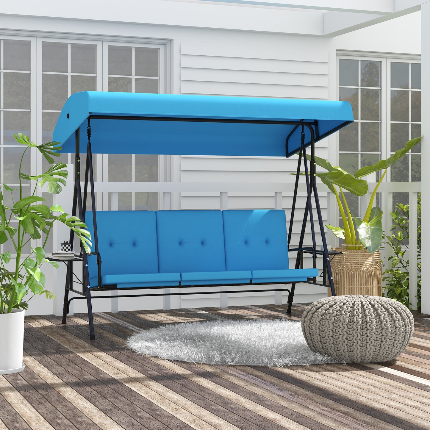 3-Seat Outdoor Porch Swing Patio Swing with Adjustable Canopy, Side Tray, Removable Cushion for Garden, Poolside, Grey - Blue