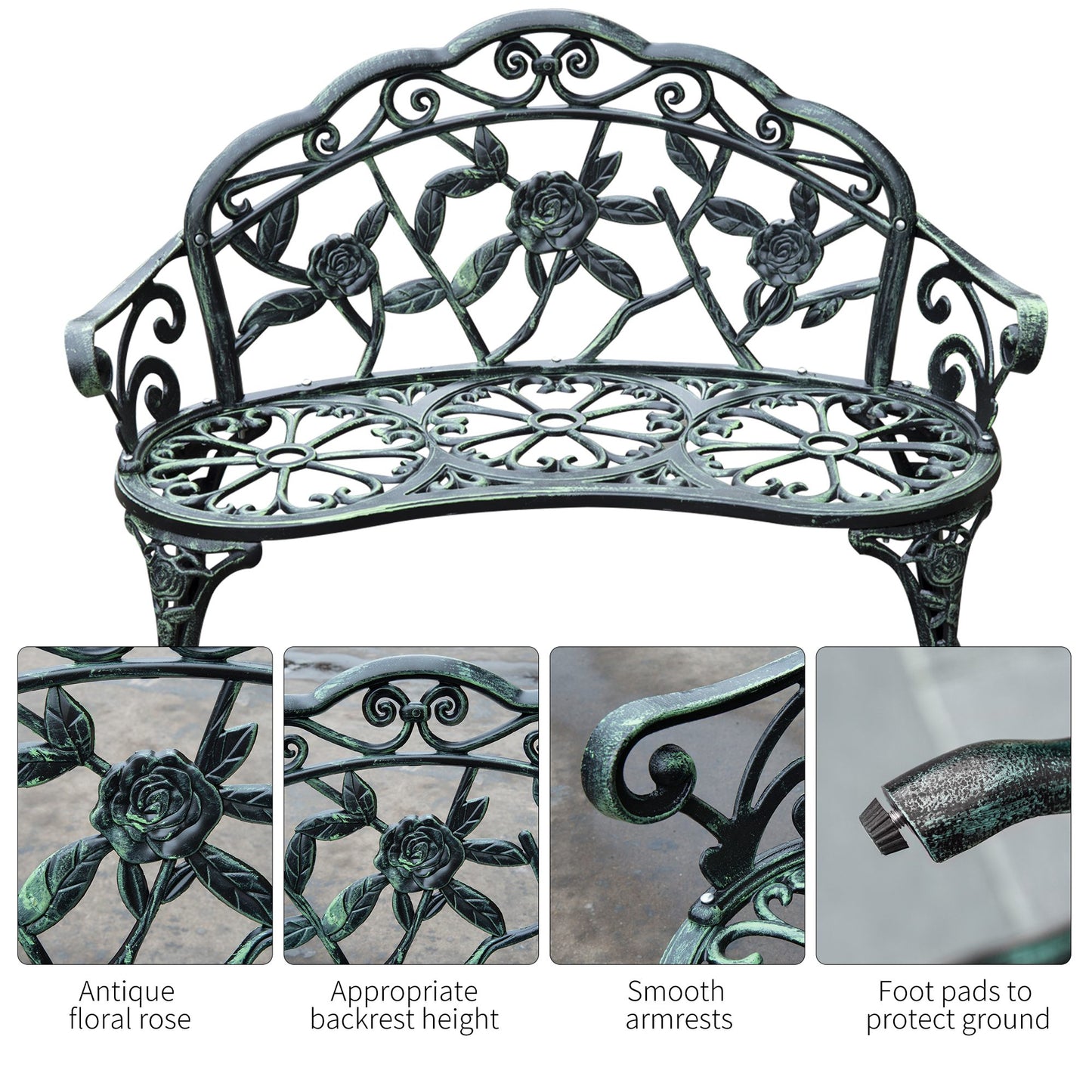 40" Outdoor Garden Bench, Cast Aluminum Antique Rose Style Patio Garden Park Loveseat Bench for Backyard, Porch, Balcony, Lawn, Green