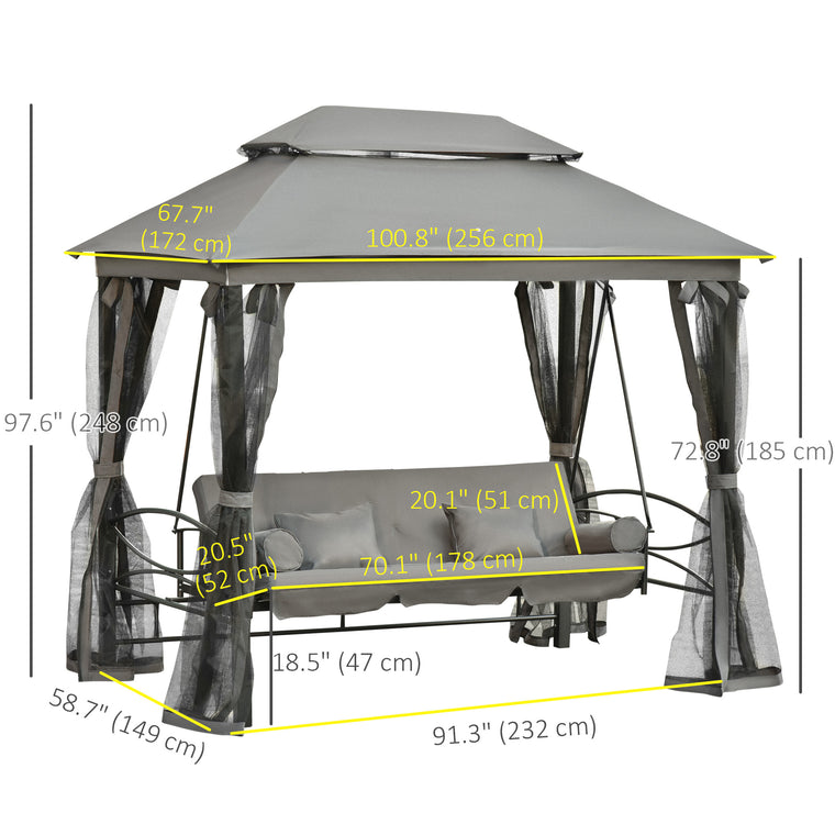 3-Person Dark Grey Swing Chair Daybed with Canopy & Sun Shade