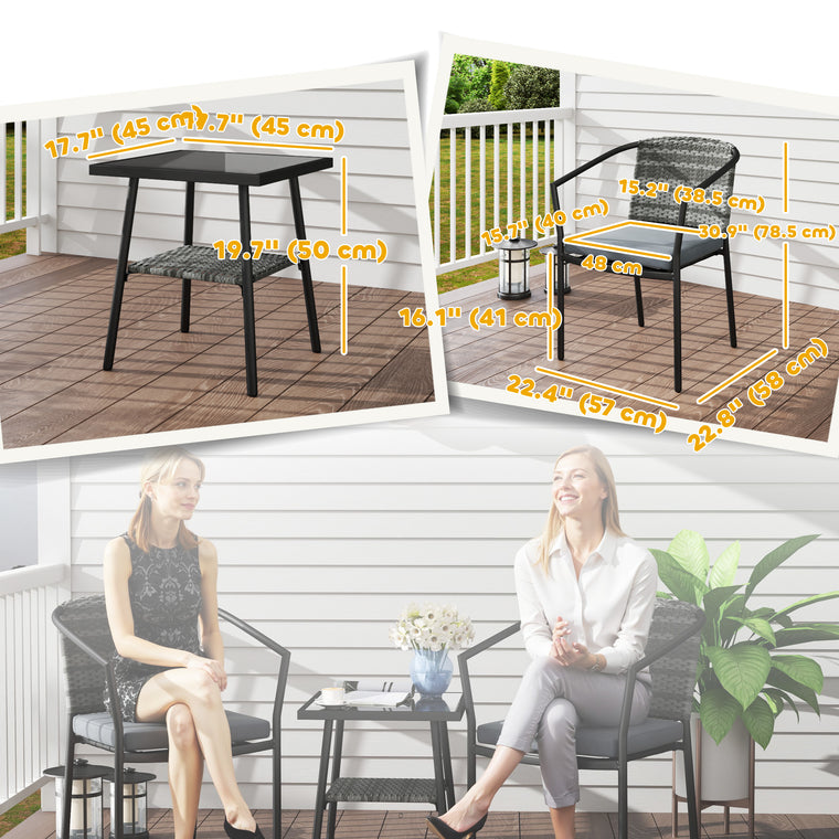 3-Piece Wicker Bistro Set with Armchairs and Glass Table